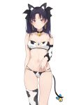  1girl absurdres animal_ears animal_print asymmetrical_sleeves bangs bell bell_choker black_bow black_hair black_sleeves bow bra breasts choker cow_ears cow_print detached_sleeves earrings eyebrows_visible_through_hair fate/grand_order fate_(series) floating_hair grain hair_between_eyes hair_bow hair_intakes highres ishtar_(fate)_(all) ishtar_(fate/grand_order) jewelry long_hair long_sleeves looking_at_viewer medium_breasts navel panties red_eyes simple_background single_sleeve single_thighhigh skindentation smile solo thigh-highs tohsaka_rin twintails underwear very_long_hair white_background white_bra 