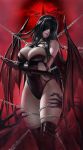  1girl absurdres black_hair blindfold bound bound_arms breasts chain commentary_request crossed_arms demon demon_girl demon_wings elbow_gloves fingernails gloves halo highres large_breasts long_hair original pmy00 restrained sharp_fingernails skindentation thigh-highs torn_wings wings 