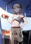 1girl absurdres arknights arm_strap bare_arms bare_shoulders bikini choker commentary_request cowboy_shot eyebrows_visible_through_hair fire flame hair_down highres holding horns ifrit_(arknights) long_hair navel open_mouth ore_lesion_(arknights) red_eyes silver_hair solo spatula standing stomach swimsuit thighs veolia white_bikini 
