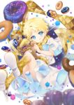  1boy :q bag blonde_hair blue_eyes blurry candy depth_of_field doughnut fate/grand_order fate/requiem fate_(series) food food_on_face highres konpeitou male_focus nigo paper_bag robe scarf smile tongue tongue_out voyager_(fate/requiem) yellow_scarf 