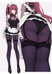  alternate_costume apron ass back black_skirt bodysuit breasts closed_mouth enmaided evan_yang fate/grand_order fate_(series) full_body hair_intakes highres large_breasts legs long_hair maid maid_headdress ponytail purple_bodysuit purple_hair red_eyes scathach_(fate)_(all) scathach_(fate/grand_order) skirt thighs tray waist_apron white_apron 