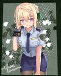  1girl alternate_costume black_legwear blonde_hair blue_neckwear blue_shirt braid braided_bangs braided_bun commentary_request cowboy_shot green_ribbon hair_ribbon highres kantai_collection leaning_forward looking_at_viewer necktie pantyhose pencil_skirt perth_(kantai_collection) police police_badge police_uniform policewoman ribbon school_uniform shirt short_hair short_sleeves skirt solo uniform violet_eyes yume_(mi_yu601) 