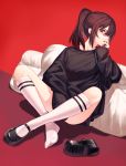  1girl absurdres bare_legs crossed_legs feet hand_on_own_face high_ponytail highres looking_at_viewer mincho original pillow ponytail red_background red_eyes redhead shoes shoes_removed sitting socks socks_removed solo sweater white_legwear 