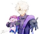  1boy ? ahoge armor bangs cosplay eyebrows_visible_through_hair fate/grand_order fate_(series) galahad_(fate) gloves goya_(xalbino) hair_over_one_eye lancelot_(fate/grand_order) lancelot_(fate/grand_order)_(cosplay) looking_at_viewer male_focus open_hand purple_armor purple_hair signature solo strangling stuffed_toy upper_body violet_eyes white_background white_hair yellow_eyes 