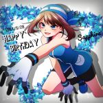  1girl 2019 :d bangs bike_shorts black_shorts blue_eyes blue_footwear blue_jacket blush brown_hair character_name dated eyebrows_visible_through_hair fang floating_hair gloves hair_between_eyes happy_birthday highres jacket kneeling long_hair odamaki_sapphire open_mouth pokemon pokemon_special shiny shiny_hair shorts sleeveless sleeveless_jacket smile solo v-shaped_eyebrows white_gloves yuuki_(yuuk_yume) 