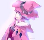  1girl black_clover blue_eyes breasts cape capelet dorothy_unsworth flower fur-trimmed_capelet fur_trim hat looking_at_viewer mameezu multicolored multicolored_eyes pink_cape pink_capelet pink_flower pink_headwear pink_rose purple_hair rose short_hair simple_background small_breasts smile violet_eyes witch witch_hat 