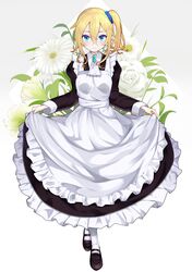  1girl alternate_costume apron black_dress black_footwear blonde_hair blue_eyes blush breasts commentary_request dress flower frills frown gem hair_between_eyes hair_ornament hair_scrunchie hayasaka_ai highres ichinii_(ichiny12) kaguya-sama_wa_kokurasetai_~tensai-tachi_no_renai_zunousen~ long_sleeves looking_at_viewer maid_apron maid_dress medium_breasts pantyhose scrunchie shoes side_ponytail solo white_background white_flower white_legwear 