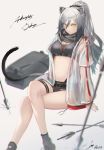  1girl absurdres animal_ears arknights arrow_(projectile) bag bare_legs black_scarf black_shorts breasts cat_ears cat_tail chromatic_aberration commentary crack crop_top crossed_legs dated feet_out_of_frame grey_background grey_footwear highres ioriwu8 jacket long_hair long_sleeves looking_at_viewer medium_breasts midriff navel open_clothes open_jacket scarf schwarz_(arknights) see-through shoes short_shorts shorts signature silver_hair simple_background sitting solo stomach tail thigh_strap thighs v-shaped_eyebrows white_jacket yellow_eyes 