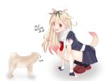  1girl 1other animal_ears black_legwear black_ribbon black_serafuku blonde_hair brown_footwear commentary_request dog dog_ears dog_tail full_body hair_flaps hair_ornament hair_ribbon hairclip highres kantai_collection kneehighs loafers long_hair neckerchief nitamago_(sakamalh) red_eyes red_neckwear remodel_(kantai_collection) ribbon scarf school_uniform serafuku shoes simple_background squatting tail translation_request white_background white_scarf yuudachi_(kantai_collection) 