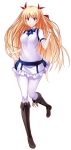  1girl bangs blonde_hair blue_ribbon boots bow brown_footwear christiane_friedrich closed_mouth collared_shirt eyebrows_visible_through_hair frilled_skirt frills full_body hair_between_eyes hair_bow highres ikki_(tue_sein_bestes) knee_boots long_hair looking_at_viewer maji_de_watashi_ni_koi_shinasai! miniskirt mole mole_under_eye neck_ribbon pantyhose red_bow ribbon shirt short_sleeves simple_background skirt smile solo standing standing_on_one_leg twintails very_long_hair vest violet_eyes white_background white_legwear white_shirt white_skirt white_vest wing_collar 