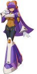  1girl android bangs blunt_bangs breasts covered_navel dark_skin full_body hair_over_eyes headset highres hime_cut layer_(rockman) long_hair microphone mizuno_keisuke mole mole_under_eye navel official_art purple_hair robot_ears rockman rockman_x rockman_x_dive solo standing transparent_background under_boob 