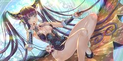  1girl backlighting bangs bare_shoulders black_dress black_footwear blue_eyes blunt_bangs blush breasts center_opening china_dress chinese_clothes detached_sleeves dress eating fate/grand_order fate_(series) floral_print hair_ornament high_heels highres legs long_hair looking_at_viewer lychee medium_breasts natsujiru open_mouth purple_hair side_slit sidelocks twintails very_long_hair yang_guifei_(fate/grand_order) 