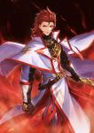  1boy absurdres belt black_background capelet fire gloves granblue_fantasy highres holding holding_sword holding_weapon looking_to_the_side male_focus percival_(granblue_fantasy) red_eyes redhead saku_(sakudeji) smile solo sword weapon white_capelet 