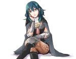 1girl armor blue_eyes blue_hair byleth_(fire_emblem) byleth_eisner_(female) cape crossed_legs fire_emblem fire_emblem:_three_houses pantyhose parted_lips robaco simple_background sitting solo twitter_username white_background 