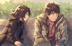  1boy 1girl bench brown_eyes brown_hair cigarette commentary driftingtiger frown highres hood hooded_jacket jacket looking_away nonaka_haru outdoors plant short_hair sitting smile sweatdrop uozumi_rikuo yesterday_wo_utatte 