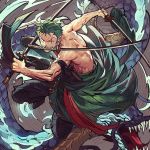  1boy abs chest collarbone dragon dynamic_pose earrings fighting_stance full_body green_hair japanese_clothes jewelry katana kimono light looking_at_viewer male_focus muscle one_piece open_clothes open_kimono roronoa_zoro runa_(artist) scar shirtless solo sword tail teeth toned toned_male tongue weapon 