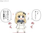  1girl blonde_hair blue_eyes blue_sailor_collar chibi commentary_request dress full_body gloves goma_(yoku_yatta_hou_jane) hat jervis_(kantai_collection) kantai_collection long_hair mary_janes open_mouth sailor_collar sailor_dress sailor_hat shoes short_sleeves simple_background solo standing translation_request twitter_username white_background white_dress white_gloves white_headwear 