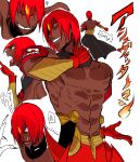  1boy abs ashwatthama_(fate/grand_order) back bangs chest closed_eyes collage dark_skin dark_skinned_male fate/grand_order fate_(series) forehead_jewel gauntlets hand_on_own_neck looking_at_viewer male_focus muscle nipples open_mouth pointing_to_the_side redhead royst shirtless simple_background smile sweatdrop teeth toned toned_male translation_request yellow_eyes 