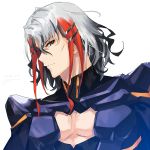  1boy armor bangs black_armor black_cape body_armor cape chest cleavage_cutout closed_mouth cropped_torso eyebrows_visible_through_hair fate/grand_order fate_(series) from_side goya_(xalbino) looking_at_viewer male_focus multicolored_hair odysseus_(fate/grand_order) pectorals redhead shiny signature solo streaked_hair toned toned_male two-tone_hair upper_body white_background white_hair yellow_eyes 