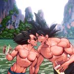  2boys abs bara black_eyes black_hair chest couple cup dragon_ball dragon_ball_z drinking_glass drinking_straw highres holding_hands looking_at_another male_focus manly multiple_boys muscle nipples noses_touching open_mouth pectorals saiyan smile son_gokuu spiky_hair sunglasses supobi swimsuit toned toned_male upper_body vegeta water yaoi 