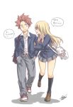  1boy 1girl artist_name bag belt belt_buckle blonde_hair brown_eyes buckle collarbone fairy_tail full_body handbag jacket locked_arms long_hair lucy_heartfilia mashima_hiro natsu_dragneel official_art open_clothes open_jacket pants pink_hair shadow shirt shoes simple_background skirt smile socks speech_bubble standing teeth translation_request watermark white_background 