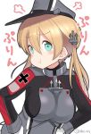  1girl :t ahenn aqua_eyes blonde_hair breasts eyebrows_visible_through_hair gloves hair_between_eyes hat kantai_collection large_breasts long_hair long_sleeves low_twintails military military_hat military_uniform peaked_cap pout prinz_eugen_(kantai_collection) simple_background solo twintails twitter_username uniform upper_body white_background white_gloves 