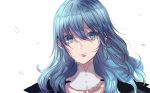  1girl blue_eyes blue_hair byleth_(fire_emblem) byleth_eisner_(female) closed_mouth crying crying_with_eyes_open fire_emblem fire_emblem:_three_houses highres petals roroichi simple_background solo tears upper_body white_background 