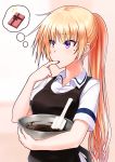  1girl alternate_hairstyle apron bangs black_apron blonde_hair christiane_friedrich collared_shirt dress_shirt eyebrows_visible_through_hair finger_to_mouth hair_between_eyes highres ikki_(tue_sein_bestes) index_finger_raised long_hair maji_de_watashi_ni_koi_shinasai! mole mole_under_eye pink_background ponytail shirt short_sleeves solo thought_bubble upper_body very_long_hair violet_eyes white_shirt wing_collar 