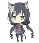  1girl animal_ear_fluff animal_ears bare_shoulders black_hair black_legwear blank_eyes cat_ears cat_girl cat_tail chibi commentary_request eyebrows_visible_through_hair green_eyes hair_between_eyes karyl_(princess_connect!) long_hair looking_at_viewer low_twintails multicolored_hair princess_connect! princess_connect!_re:dive simple_background solo tail thigh-highs toro_th twintails two-tone_hair white_background white_hair 
