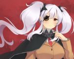  1girl arm_at_side arm_up black_cape blush breasts buttons cape close-up eyepatch frown furrowed_eyebrows hair_ornament jacket large_breasts lemonrou long_hair looking_to_the_side necktie red_background red_eyes red_neckwear school_uniform senran_kagura shirt shuriken simple_background solo twintails white_hair white_shirt yagyuu_(senran_kagura) 