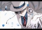  1boy black_hair blue_eyes blue_shirt blurry_foreground cape closed_mouth collared_shirt gloves hage_ta jacket kaitou_kid long_sleeves looking_at_viewer magic_kaito male_focus monocle necktie petals reaching_out red_neckwear shirt smile solo white_background white_cape white_gloves white_jacket wing_collar 