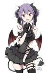  1girl :d bangs bare_shoulders black_dress black_gloves black_legwear black_nails breasts brown_wings chikanoko commentary_request curled_horns dated demon_girl demon_horns demon_tail demon_wings dress eyebrows_visible_through_hair fangs fingerless_gloves gloves hair_between_eyes highres horns index_finger_raised lace lace_gloves medium_breasts nail_polish naito_mare open_mouth pleated_dress purple_hair ragho_no_erika red_eyes signature simple_background sleeveless sleeveless_dress smile solo tail thigh-highs white_background wings 