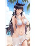 1girl animal_ears artist_name atago_(azur_lane) atago_(midsummer_march)_(azur_lane) azur_lane bangs beach bikini black_hair bow breasts brown_eyes cowboy_shot day extra_ears exv hand_on_own_chest highleg highleg_bikini highleg_swimsuit highres horizon large_breasts long_hair looking_at_viewer mixed-language_commentary mole mole_under_eye ocean outdoors ribbon sarong solo swept_bangs swimsuit white_bikini white_bow white_ribbon white_sarong 