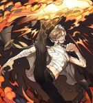  1boy bandages belt black_eyes black_pants blonde_hair chest cigarette dynamic_pose fighting_stance fire full_body hair_over_one_eye large_hands leg_up looking_at_viewer male_focus muscle navel one_piece open_clothes pants runa_(artist) sanji shiny shiny_hair smile smoke smoking solo toned toned_male 