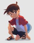  1boy bangs black_shorts blue_eyes brown_hair child closed_mouth dress_shirt edogawa_conan full_body gradient_shirt grey_background hage_ta hair_between_eyes looking_at_viewer male_focus meitantei_conan one_knee open_clothes open_shirt red_shirt shiny shiny_hair shirt short_shorts short_sleeves shorts simple_background smile solo white_shirt 