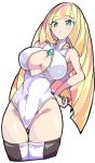  1girl adapted_costume aqua_eyes bare_arms bare_shoulders breasts center_opening covered_navel enpe eyebrows_visible_through_hair groin hand_on_hip highleg highleg_swimsuit highres large_breasts long_hair looking_at_viewer lusamine_(pokemon) mature one-piece_swimsuit pokemon pokemon_(game) pokemon_sm simple_background smile solo swimsuit thigh-highs thigh_gap very_long_hair white_background white_swimsuit 