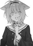 1girl ahoge animal_ear_fluff animal_ears breasts cat_ears choker commentary crazy_smile eyebrows_visible_through_hair fangs greyscale hair_between_eyes hairband highres hololive long_sleeves looking_at_viewer medium_breasts monochrome nekomata_okayu open_mouth school_uniform serafuku short_hair simple_background smile solo suiso_(owp) upper_body virtual_youtuber white_background 