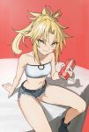  1girl bandeau bangs belt black_footwear blue_shorts blush boots braid breasts can collarbone denim denim_shorts fate/apocrypha fate_(series) french_braid green_eyes grin highres kiritzuguart long_hair looking_at_viewer mordred_(fate) mordred_(fate)_(all) navel parted_bangs pinky_out ponytail red_background scrunchie short_shorts shorts sidelocks sitting small_breasts smile soda_can thighs 