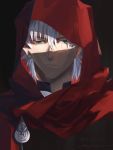  1boy black_background brown_eyes cape collar dark_skin dark_skinned_male emiya_kiritsugu emiya_kiritsugu_(assassin) fate/grand_order fate_(series) goya_(xalbino) highres hood light looking_at_viewer male_focus red_hood shade shadow signature simple_background solo upper_body white_hair 