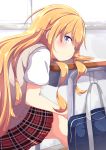  1girl bag blonde_hair commentary_request desk gabriel_dropout hair_over_one_eye headdesk highres long_hair looking_at_viewer miniskirt plaid plaid_skirt pleated_skirt school_bag school_desk school_uniform short_sleeves sitting skirt solo sweater sweater_vest tenma_gabriel_white ukami very_long_hair violet_eyes 