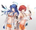  2girls :d alternate_costume arknights bandeau bangs blue_eyes blue_hair breasts brown_eyes character_name chongzi clothes_writing commentary_request crop_top crop_top_overhang drawstring exusiai_(arknights) eyebrows_visible_through_hair gloves gradient gradient_background grey_background halo hand_up highres horns jacket long_hair medium_breasts midriff mostima_(arknights) multiple_girls navel open_clothes open_jacket open_mouth orange_shorts redhead see-through short_hair short_shorts short_sleeves shorts sleeveless sleeveless_jacket smile stomach strapless thighs tubetop w white_background 