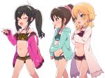 3girls :d animal_print bangs bare_shoulders bikini blonde_hair blush brown_bikini brown_eyes brown_hair closed_eyes commentary_request eyebrows_visible_through_hair flat_chest green_bikini green_eyes green_jacket hair_between_eyes hair_ornament hood hooded_jacket idolmaster idolmaster_cinderella_girls jacket leopard_print long_hair long_sleeves matoba_risa medium_hair moyori multiple_girls navel off-shoulder_jacket open_clothes open_mouth pink_jacket ponytail red_bikini sakurai_momoka scrunchie short_hair short_twintails sidelocks simple_background smile stomach swimsuit tachibana_arisu twintails white_background yellow_nails