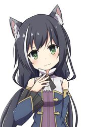  1girl :3 animal_ear_fluff animal_ears bare_shoulders black_hair breasts cat_ears commentary_request detached_sleeves eyebrows_visible_through_hair green_eyes hair_between_eyes karyl_(princess_connect!) long_hair looking_at_viewer low_twintails multicolored_hair princess_connect! princess_connect!_re:dive simple_background small_breasts solo toro_th twintails two-tone_hair upper_body v-shaped_eyebrows white_background white_hair 