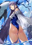  1girl absurdres ass back bangs bare_shoulders blue_eyes blue_ribbon blue_sky breasts choker closed_mouth fate/grand_order fate_(series) frills hair_ribbon highleg highleg_swimsuit highres long_hair long_sleeves looking_back meltryllis meltryllis_(swimsuit_lancer)_(fate) off-shoulder_swimsuit one-piece_swimsuit orca puffy_sleeves purple_hair ribbon sky sleeves_past_fingers sleeves_past_wrists small_breasts swimsuit thighs very_long_hair white_ribbon yoshio_(55level) 