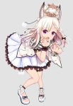 1girl animal_ears animare bent_over braid full_body grey_background grey_hair hair_ornament highres long_hair looking_at_viewer open_mouth paw_pose shiromiya_mimi shoes solo violet_eyes virtual_youtuber white_hair wolf_ears 