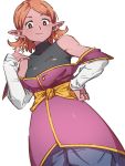  1girl brown_eyes chronoa closed_mouth dragon_ball dragon_ball_heroes dragon_ball_xenoverse earrings hand_on_hip jewelry kemachiku looking_at_viewer orange_hair pointy_ears potara_earrings red_skin short_hair simple_background smile solo white_background 