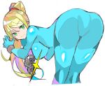  1girl bent_over blonde_hair blue_bodysuit bodysuit breasts closed_mouth covered_nipples enpe eyebrows_visible_through_hair green_eyes gun handgun holding holding_gun holding_weapon large_breasts long_hair metroid mole mole_under_mouth ponytail samus_aran simple_background smile solo weapon white_background zero_suit 