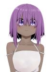  1girl :&gt; bare_shoulders blush breasts closed_mouth collarbone dark_skin dress eyes_visible_through_hair fate/prototype fate/prototype:_fragments_of_blue_and_silver fate_(series) hair_over_eyes hassan_of_serenity_(fate) highres i.u.y purple_hair simple_background sleeveless sleeveless_dress small_breasts smile solo upper_body violet_eyes white_background white_dress 