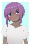  1girl bangs blue_background blush collarbone dark_skin eyebrows_visible_through_hair fate/prototype fate/prototype:_fragments_of_blue_and_silver fate_(series) hair_between_eyes hassan_of_serenity_(fate) head_tilt highres i.u.y looking_at_viewer parted_lips purple_hair shirt short_sleeves sidelocks solo two-tone_background upper_body violet_eyes white_background white_shirt 