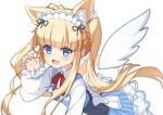  1girl :d animal_ear_fluff animal_ears back_bow bangs blonde_hair blue_dress blunt_bangs blush bow braid claw_pose collared_shirt copyright_request detached_wings dress eyebrows_visible_through_hair fang hand_up long_hair long_sleeves looking_at_viewer maid_headdress open_mouth puffy_long_sleeves puffy_sleeves shirt sidelocks simple_background smile solo striped twintails vertical-striped_dress vertical_stripes very_long_hair virtual_youtuber white_background white_bow white_shirt white_wings wings yuxian_youka 